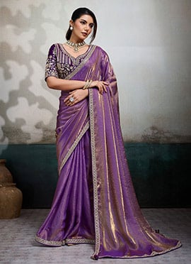Purple Velvet Satin Silk Zari Embroidered Sequins With Beads Work Saree