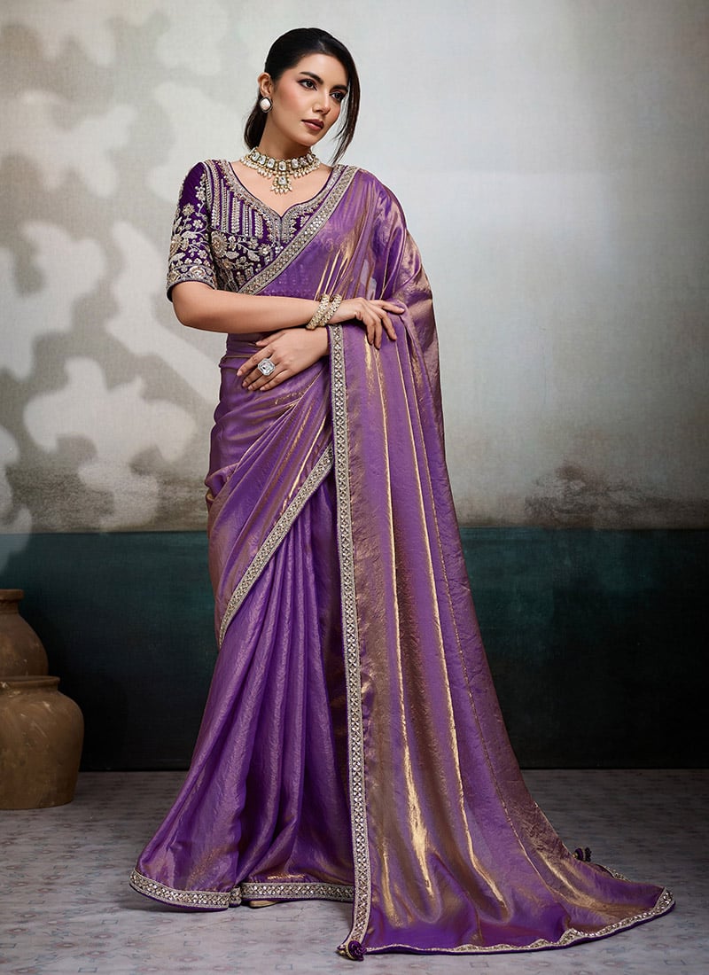 Purple Velvet Satin Silk Zari Embroidered Sequins With Beads Work Saree Wedding Wear