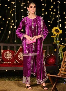 Purple Velvet Sequins Embroidered Hand Work Beads Straight Pant Suit