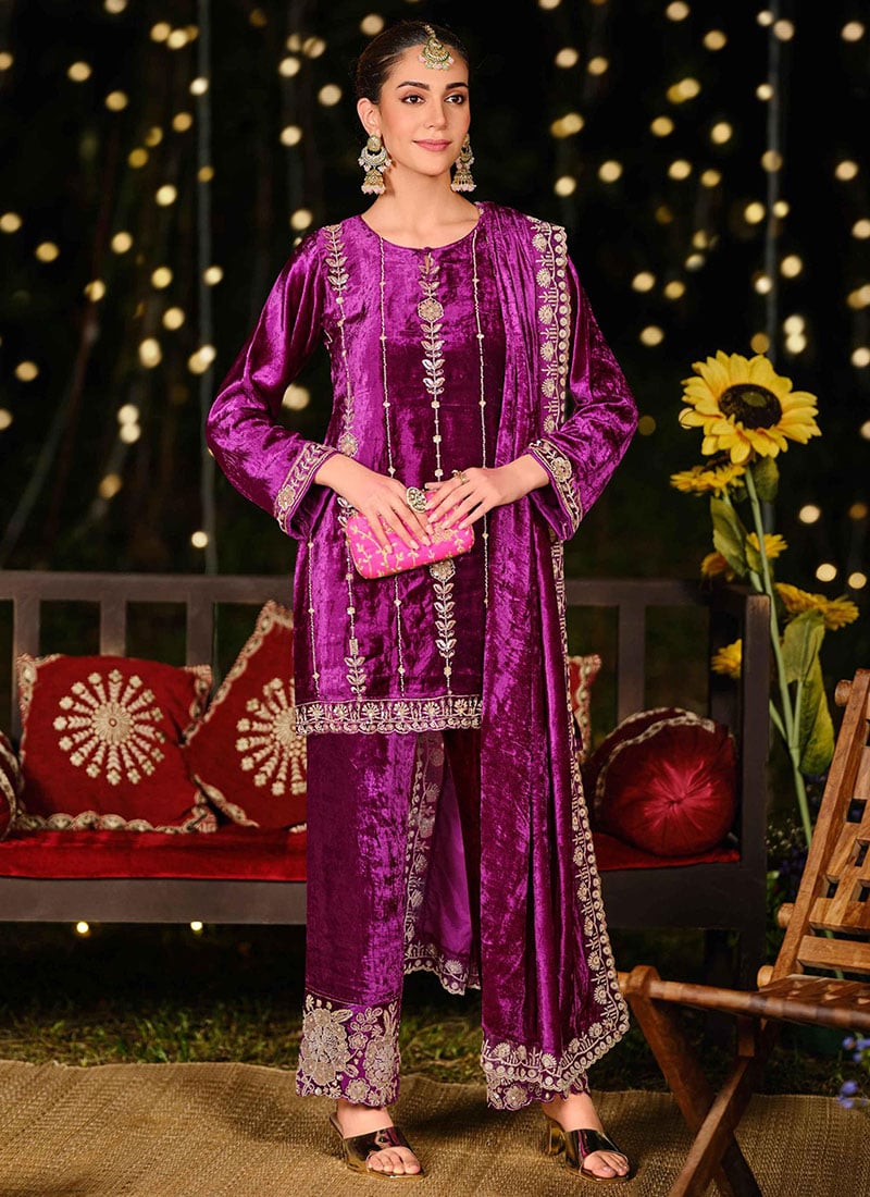 Purple Velvet Sequins Embroidered Hand Work Beads Straight Pant Suit Festive Wear