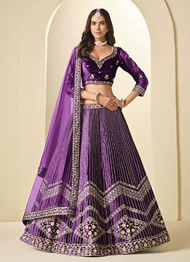 Purple Velvet Sequins Umbrella Lehenga