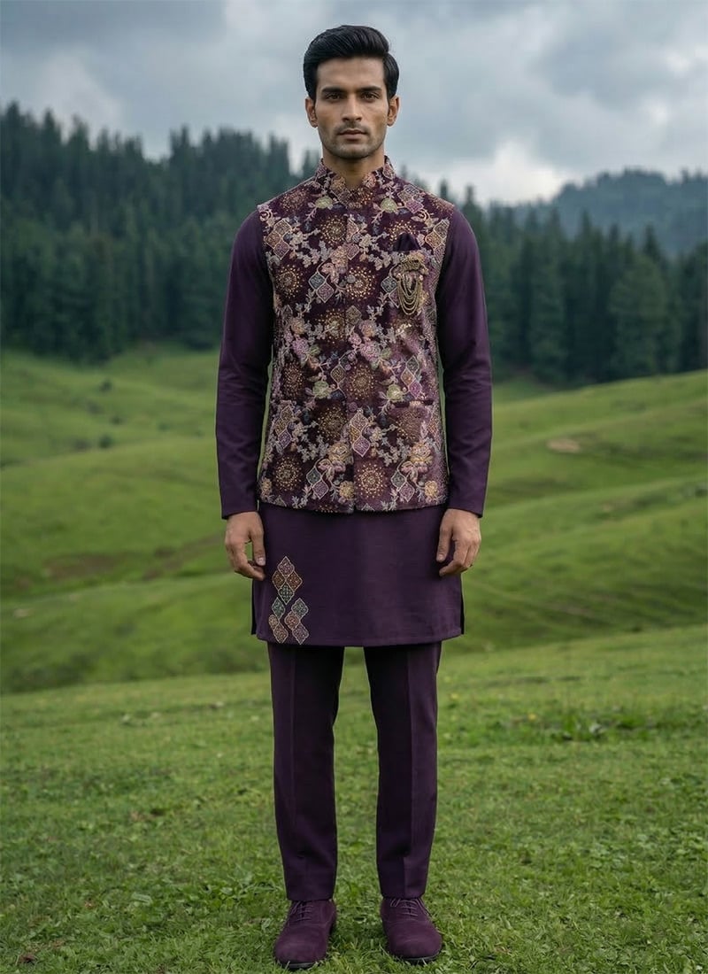 Purple Velvet Thread Embroidered Sequins Bandi Set Festive Wear