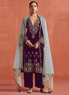 Purple Velvet Zari And Embroidered Sequins Straight Pant Suit