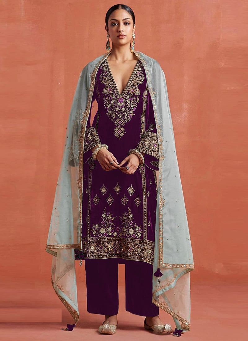Purple Velvet Zari And Embroidered Sequins Straight Pant Suit Festive Wear