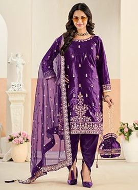 Purple Velvet Zari Embroidered Dhoti Suit