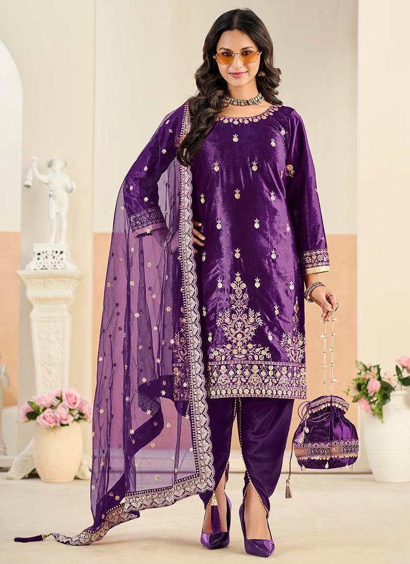 Purple Velvet Zari Embroidered Dhoti Suit Festive Wear