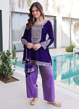 Purple Velvet Zari Embroidered Sequins Kurta Palazzo Set