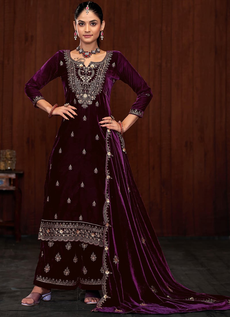Purple Velvet Zari Embroidered Sequins Pakistani Palazzo Suit Festive Wear