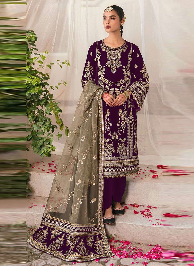 Purple Velvet Zari Sequins Embroidered Straight Pant Suit