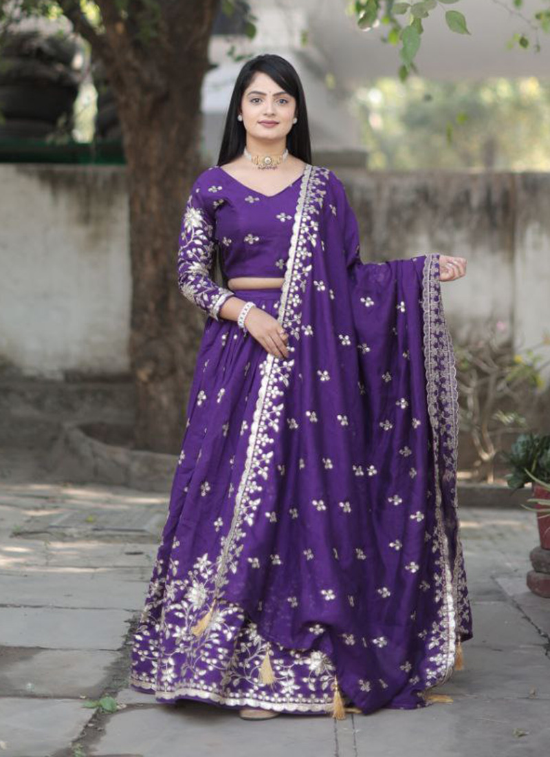 Purple Embroidered Vichitra Lehenga Choli