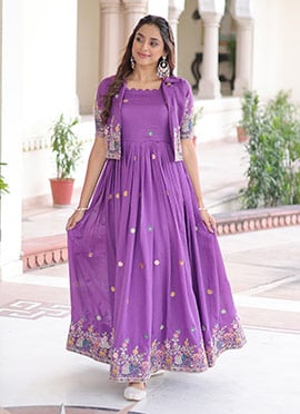 Purple Vichitra Silk Anarkali Gown With Jacket