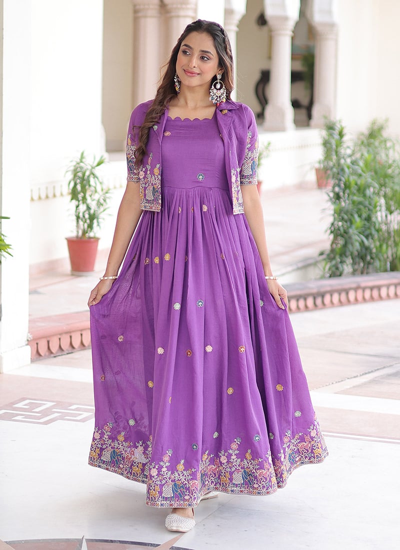 Purple Vichitra Silk Anarkali Gown With Jacket