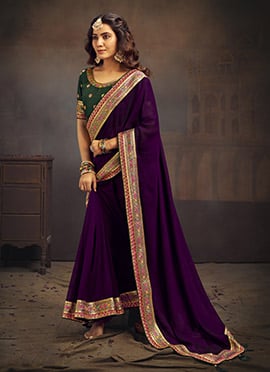 Purple Vichitra Silk Embroidered Saree