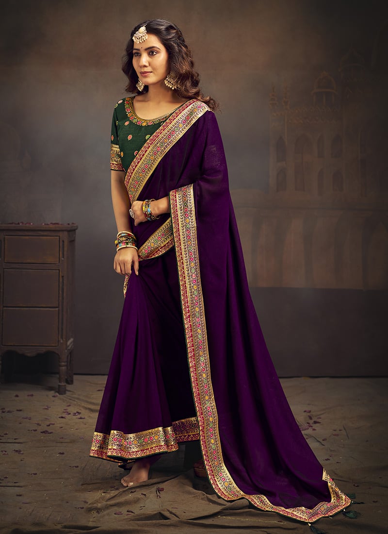 Purple Vichitra Silk Embroidered Saree Festive Wear