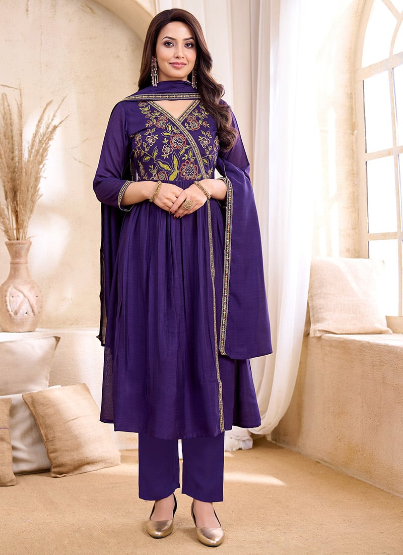 Purple Vichitra Silk Embroidered Sequins Anarkali Suit After Six Wear