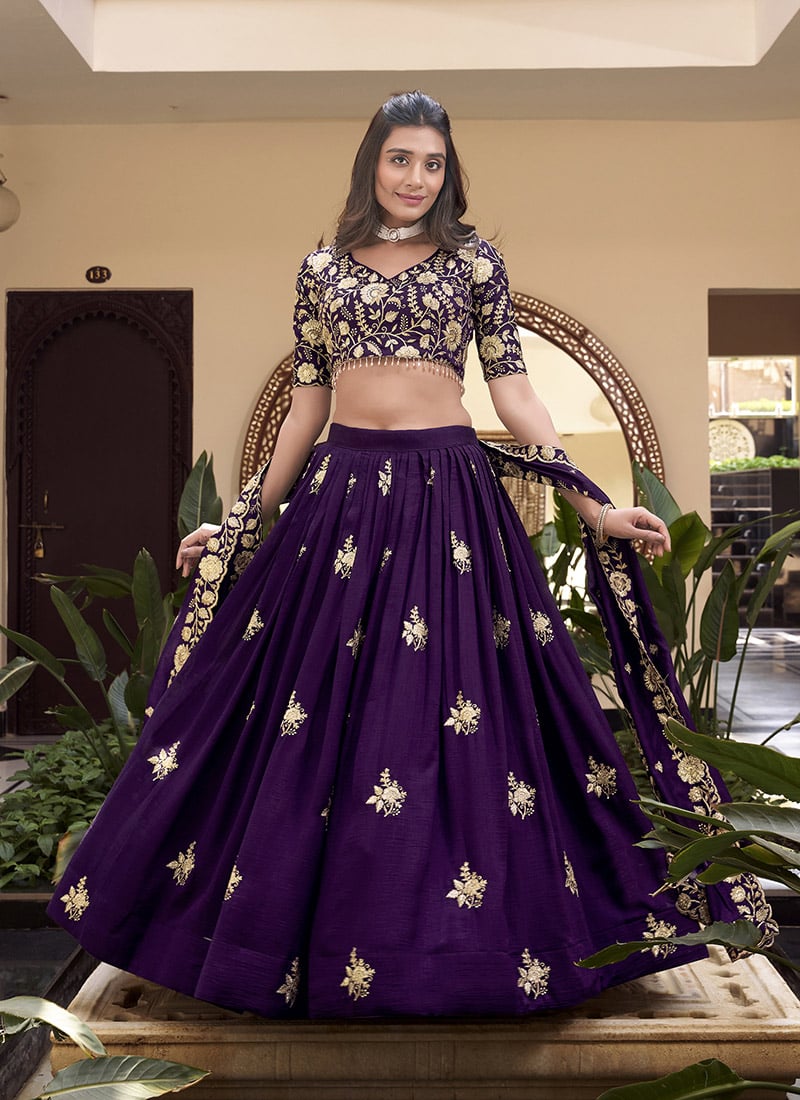 Purple Vichitra Silk Embroidered Sequins Lehenga