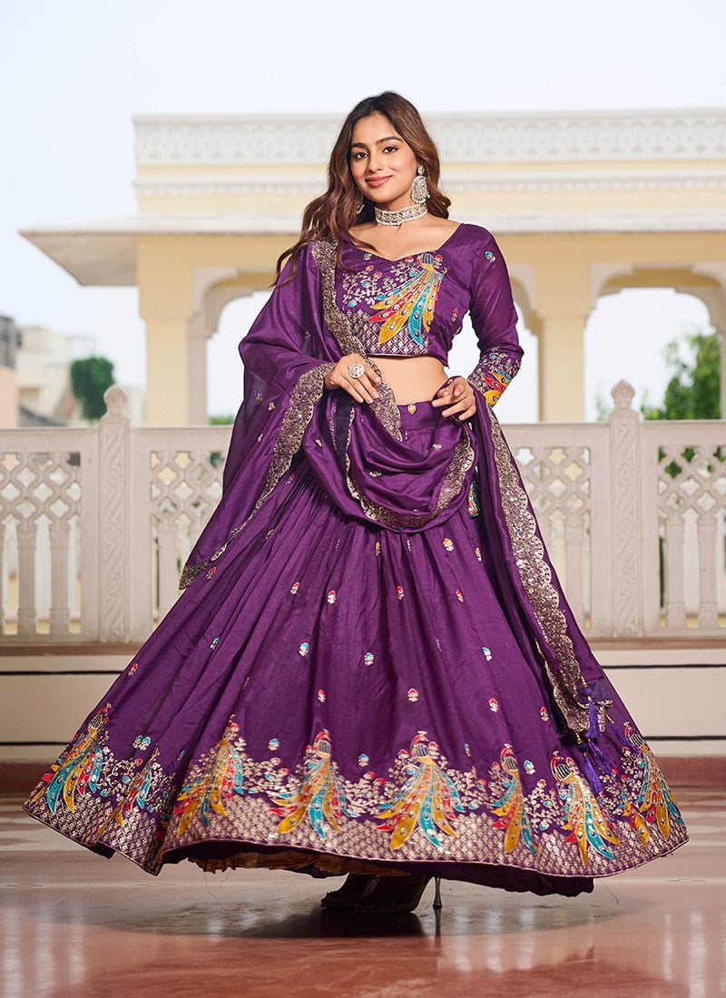Purple Vichitra Silk Embroidered Sequins Lehenga Festive Wear
