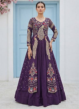 Purple Vichitra Silk Embroidered Sequins Long Choli Lehenga Set