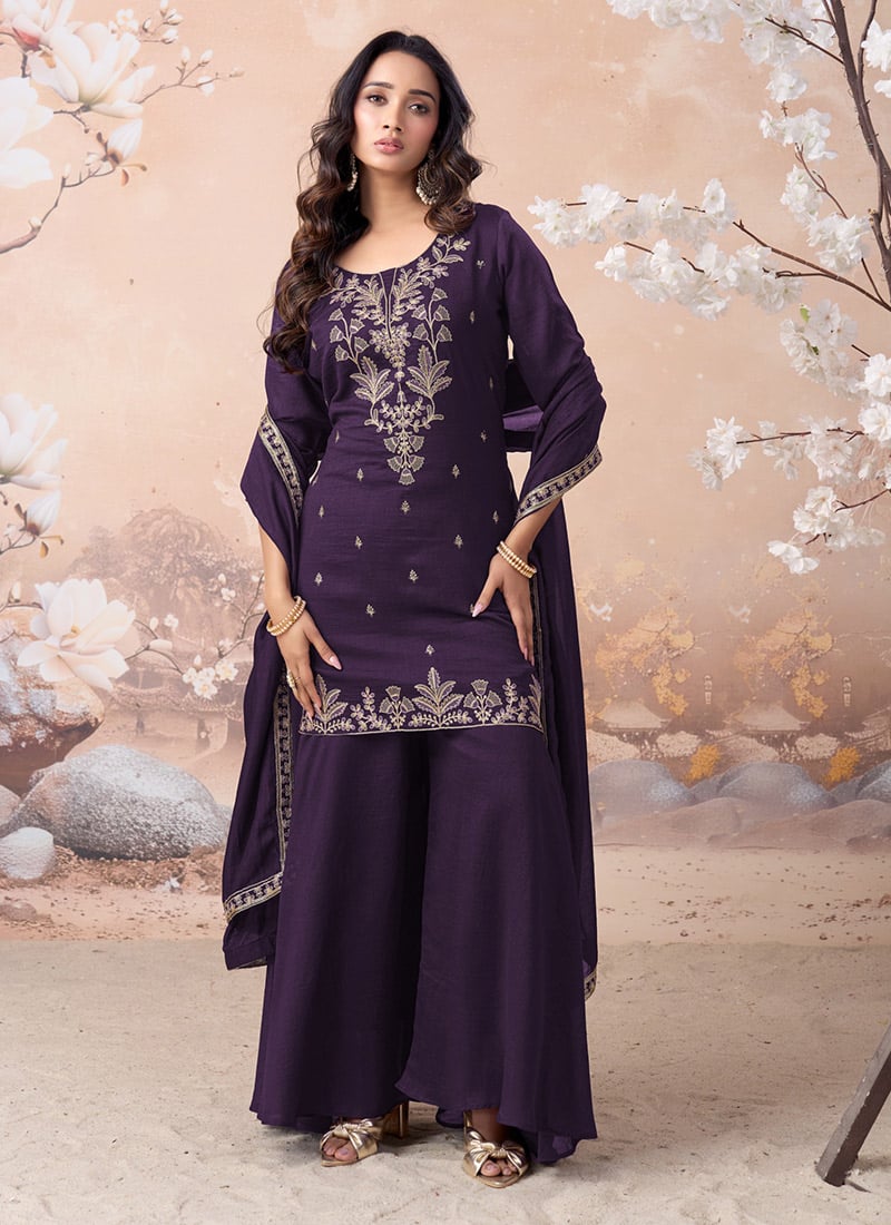 Purple Vichitra Silk Embroidered Sequins Palazzo Suit After Six Wear