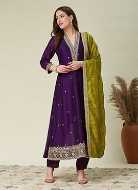 Purple Vichitra Silk Embroidered Sequins Straight Pant Suit