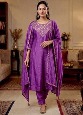 Purple Vichitra Silk Embroidered Sequins Straight Pant Suit