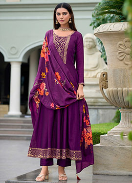 Purple Vichitra Silk Embroidered Sequins Straight Pant Suit With Floral Digital Print Dupatta