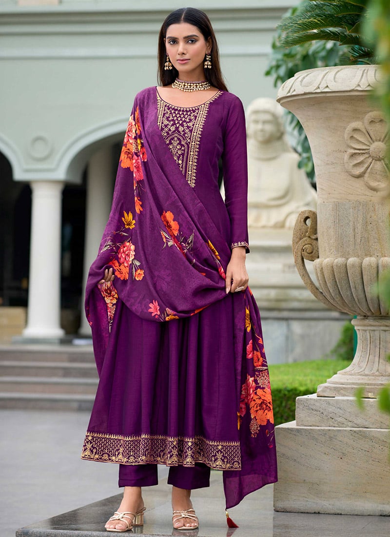 Purple Vichitra Silk Embroidered Sequins Straight Pant Suit With Floral Digital Print Dupatta Festive Wear