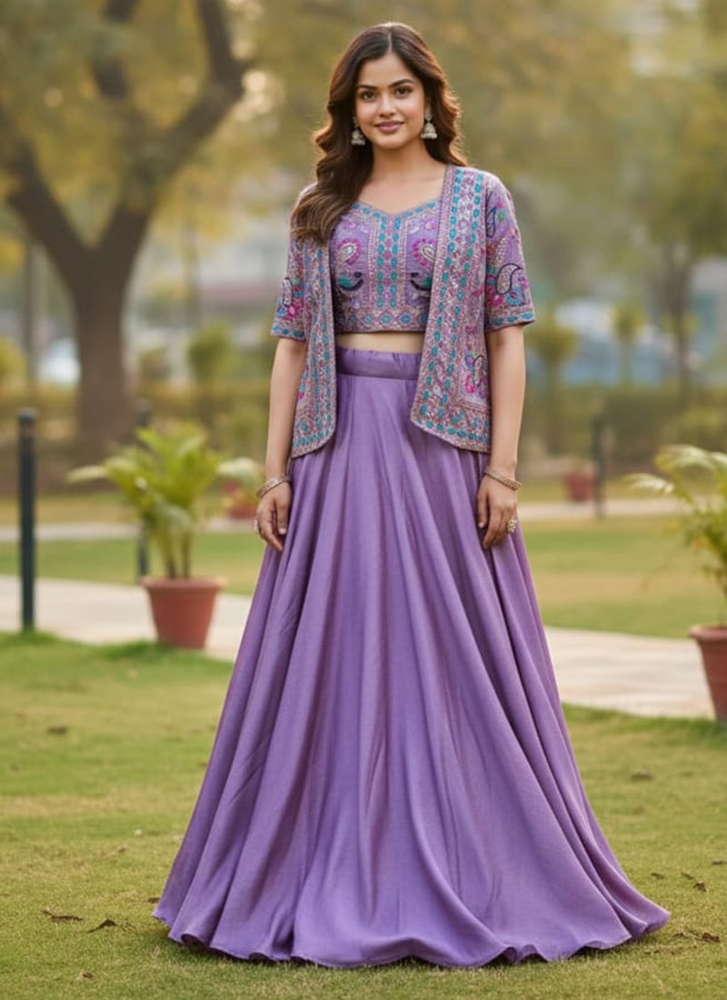 Purple Vichitra Silk Embroidered Sequins Thread Indowestern Jacket Lehenga After Six Wear
