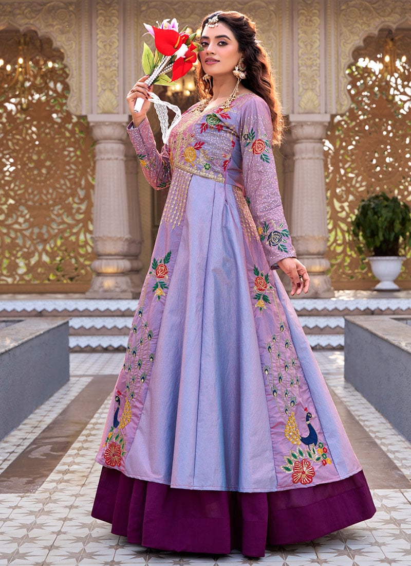 Purple Vichitra Silk Embroidered Sequins Thread Indowestern Sets and Suits Wedding Wear