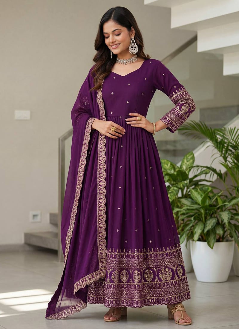 Purple Vichitra Silk Embroidered Sequins Zari Anarkali Suit Festive Wear