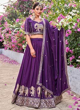 Purple Vichitra Silk Embroidered Sequins Zari Thread Umbrella Lehenga
