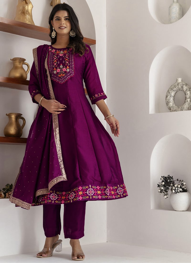 Purple Vichitra Silk Embroidered Straight Pant Suit Festive Wear