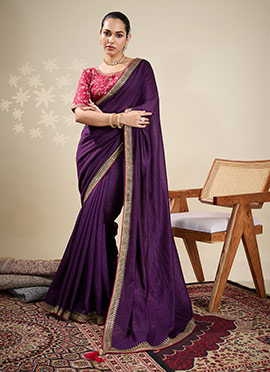 Purple Vichitra Silk Embroidered Zari Saree