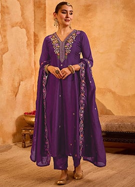 Purple Vichitra Silk Floral Embroidered Straight Pant Suit