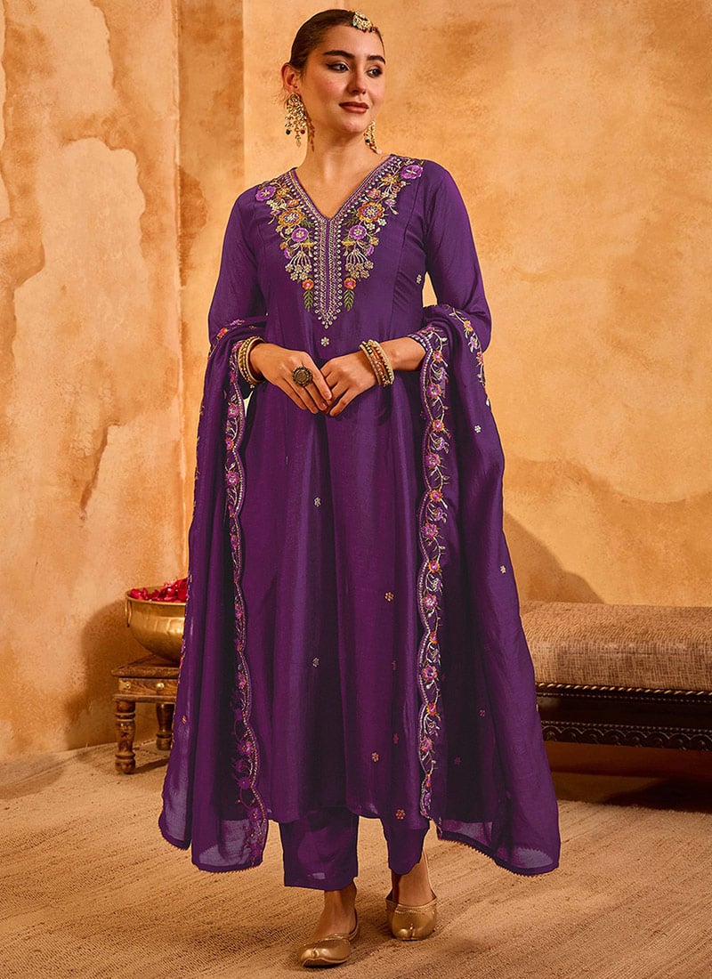 Purple Vichitra Silk Floral Embroidered Straight Pant Suit Festive Wear