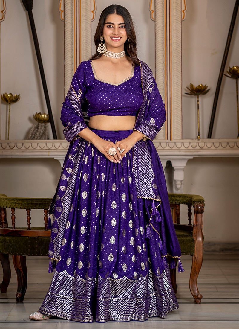 Purple Vichitra Silk Foil Print Lehenga Festive Wear