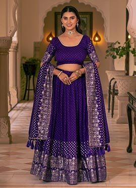 Purple Vichitra Silk Foil Print Stones Lehenga