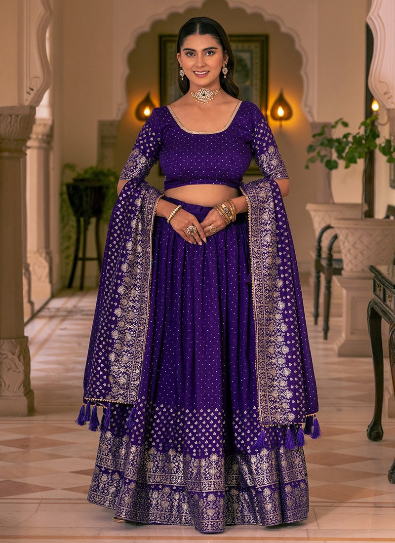 Purple Vichitra Silk Foil Print Stones Lehenga Festive Wear
