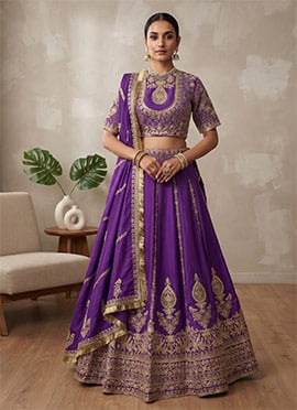 Purple Vichitra Silk Golden Thread Embroidered Sequins Lehenga