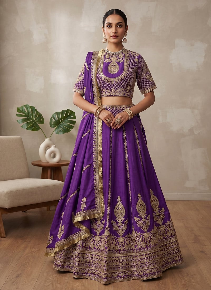 Purple Vichitra Silk Golden Thread Embroidered Sequins Lehenga Wedding Wear