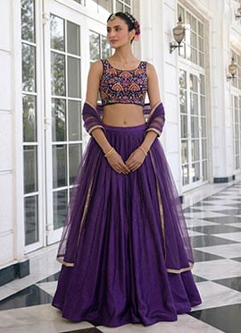 Purple Vichitra Silk Lehenga With Embroidered Sequins Mirror Work Detailing