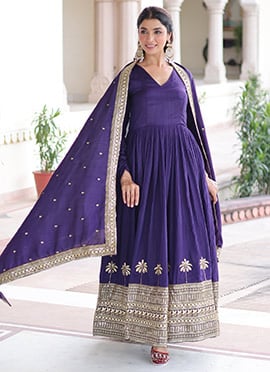 Purple Vichitra Silk Sequins Embroidered Anarkali Suit