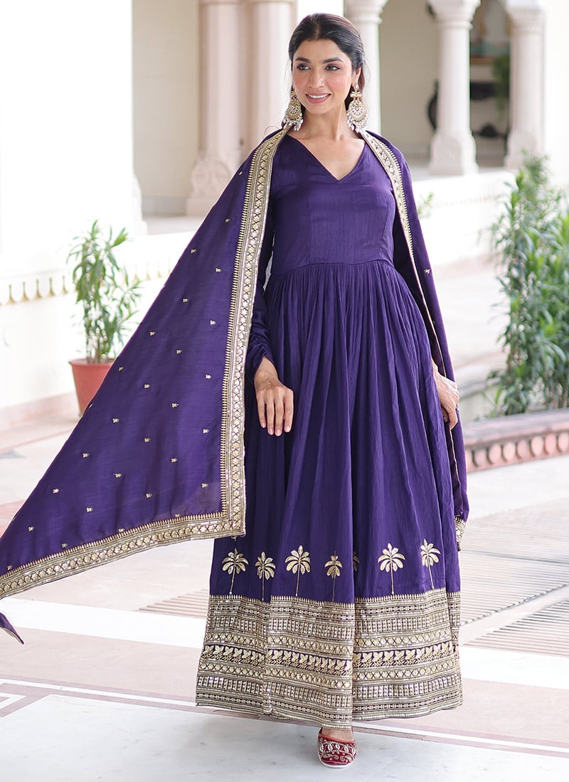 Purple Vichitra Silk Sequins Embroidered Anarkali Suit Festive Wear