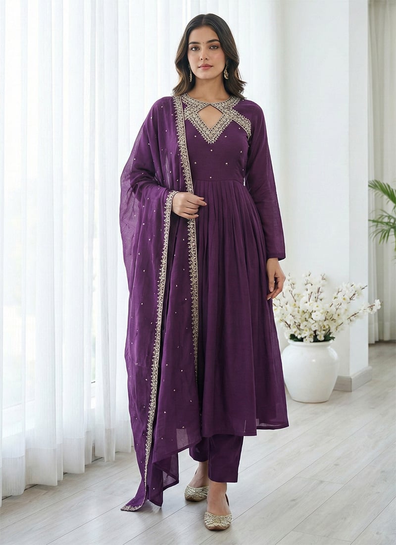 Purple Vichitra Silk Sequins Embroidered Anarkali Suit Festive Wear