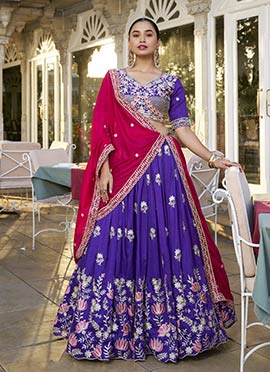 Purple Vichitra Silk Sequins Embroidered Umbrella Lehenga