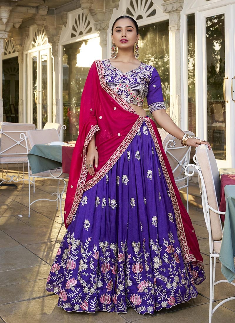 Purple Vichitra Silk Sequins Embroidered Umbrella Lehenga Festive Wear