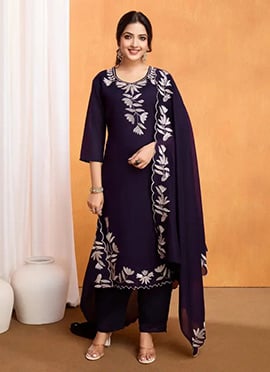 Purple Vichitra Silk Sequins Straight Pant Suit
