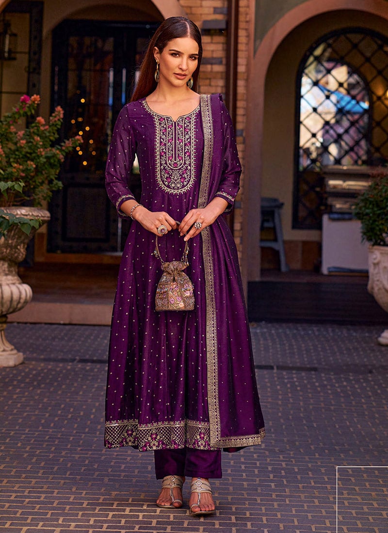 Purple Vichitra Silk Zari Embroidered Sequins A Line Straight Pant Suit Festive Wear