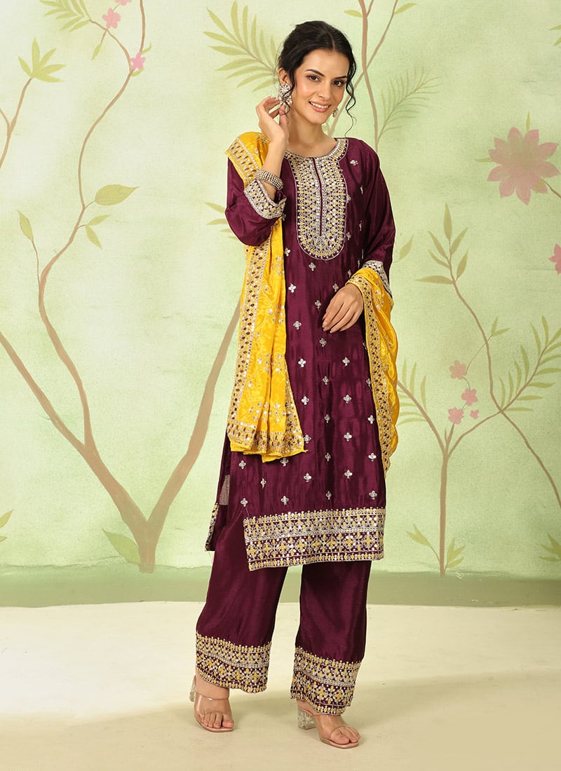 Purple Vichitra Silk Zari Embroidered Sequins Palazzo Suit