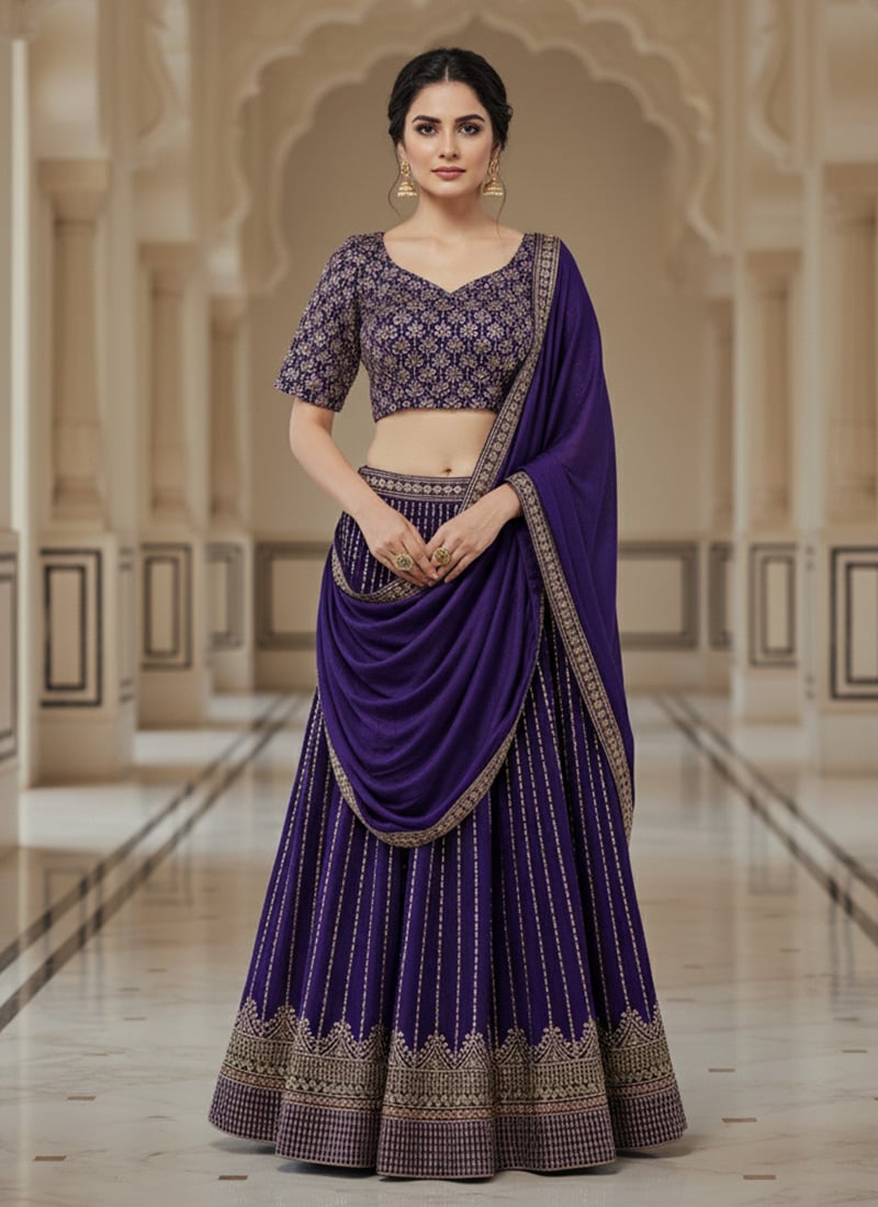 Purple Vichitra Silk Zari Sequins Embroidered Festive Lehenga Choli Wedding Wear